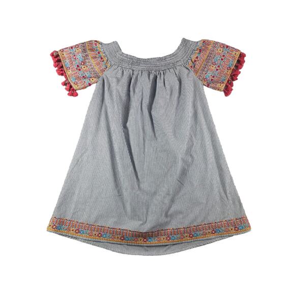Savanna Jane Dress Womens Medium Blue Aztec Embroidered Fringed Boat Neck Flowy - Picture 1 of 13